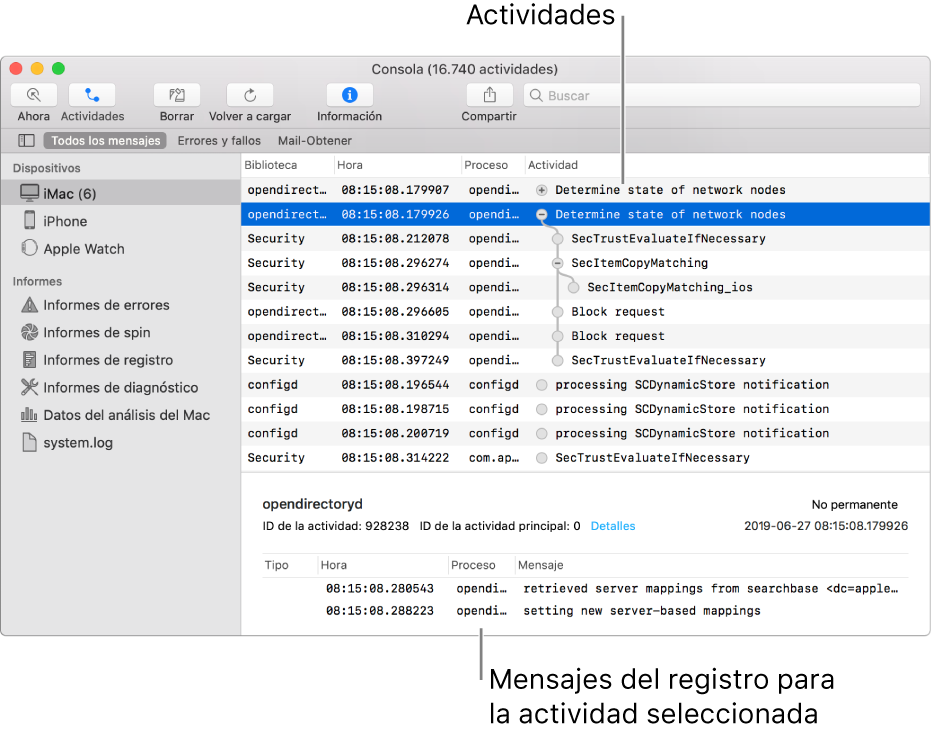 La ventana Consola con actividades en la parte superior y mensajes de registro de la actividad seleccionada en la parte inferior.