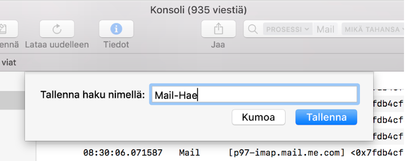 Näyttää haun tallentamisen Konsolissa hakusanojen syöttämisen jälkeen.