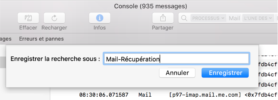 Affiche l’opération d’enregistrement d’une recherche dans Console après la saisie d’un critère de recherche.