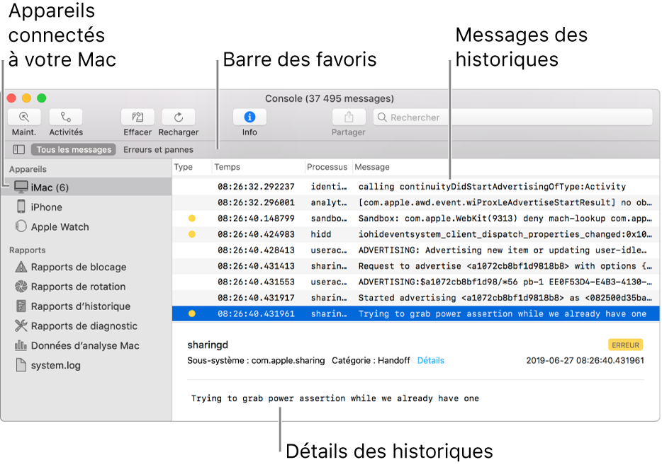 La fenêtre de Console affichant les appareils connectés à votre Mac sur la gauche, les messages d’historique sur la droite et les détails d’historique en bas, ainsi que la barre des favoris montrant vos recherches enregistrées.