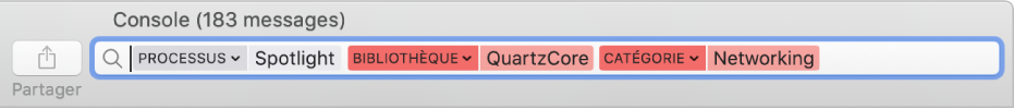 Champ de recherche dans la fenêtre de Console avec le critère de recherche configuré pour rechercher des messages issus du processus Spotlight, mais pas de la bibliothèque QuartzCore ni dans la catégorie Mise en réseau.