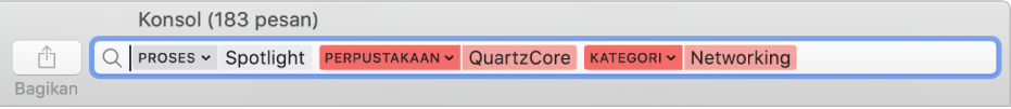 Bidang pencarian di jendela Konsol dengan kriteria pencarian diatur untuk menemukan pesan dari proses Spotlight, tetapi tidak dari perpustakaan Quartzcore atau kategori Jaringan.