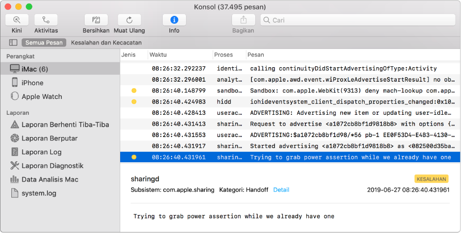 Jendela Konsol dengan pesan log dipilih dan detail di panel bawah.