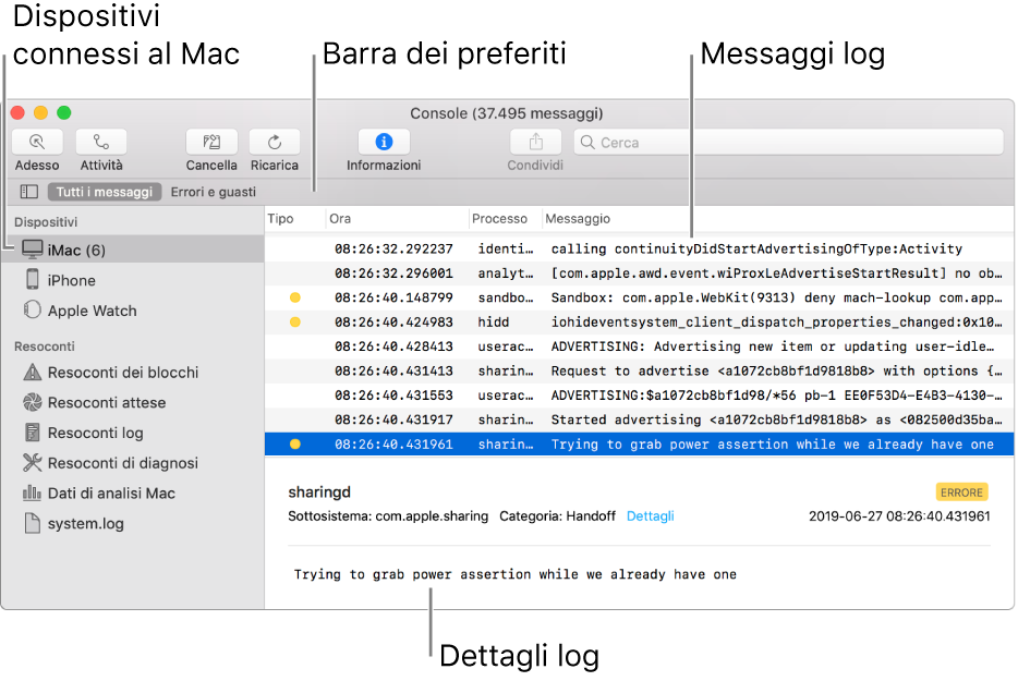 La finestra di Console con i dispositivi connessi al Mac a sinistra, i messaggi log a destra e i dettagli dei log in basso. Viene mostrata anche la barra Preferiti con le ricerche che hai salvato.
