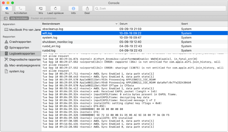 Het Console-venster met het rapport wifi.log geselecteerd en daaronder de details uit het rapport.