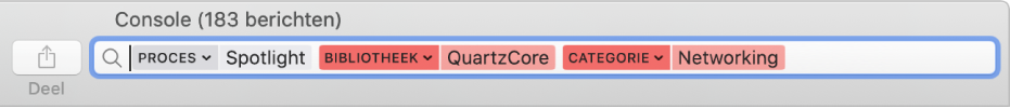 Het zoekveld in het Console-venster met zoekcriteria waarmee wel berichten uit het Spotlight-proces worden gevonden, maar niet uit de QuartzCore-bibliotheek of de Netwerk-categorie.