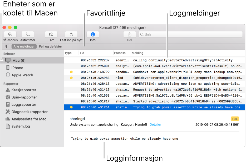 Konsollvinduet, som viser enheter som er tilkoblet Macen, til venstre, loggmeldinger til høyre og loggdetaljer nederst. Det finnes også en Favoritter-linje som viser arkiverte søk.