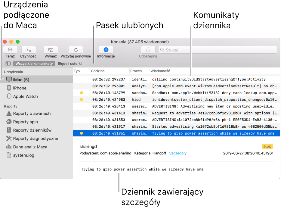Okno Konsoli pokazujące po lewej urządzenia podłączone do Maca, po prawej komunikaty dziennika, a na dole szczegóły dziennika. Widoczny jest także pasek ulubionych, zawierający zachowane wyszukiwania.