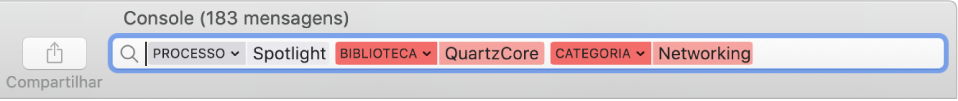 Campo de busca na janela do Console com o critério de busca definido para encontrar mensagens do processo Spotlight, mas não da biblioteca QuartzCore ou da categoria Conexões de rede.