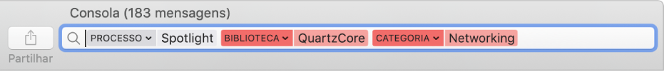 Campo de pesquisa na janela da Consola com os critérios de pesquisa definidos para procurar mensagens do processo Spotlight, mas não da biblioteca QuartzCore nem da categoria Rede.
