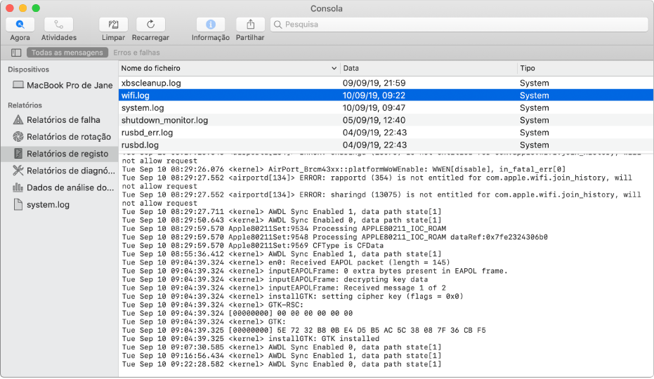 A janela da Consola com o relatório wifi.log selecionado e detalhes por baixo.