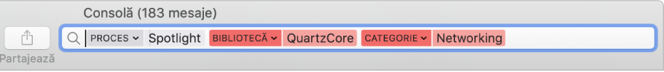 Câmpul de căutare din fereastra Consolă având configurate criteriile de căutare pentru găsirea mesajelor din procesul Spotlight, dar nu și din biblioteca QuartzCore sau din categoria Rețea.