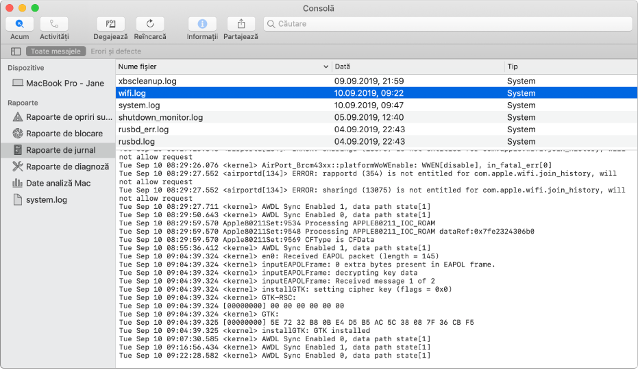 Fereastra Consolă cu raportul wifi.log selectat și detalii mai jos.