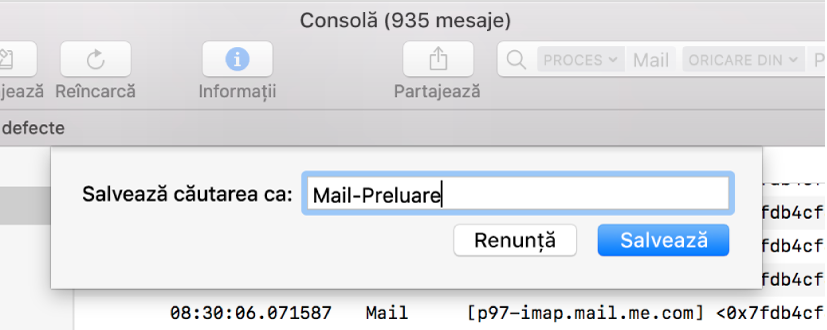 Afișează salvarea unei căutări în Consolă după introducerea criteriilor de căutare.