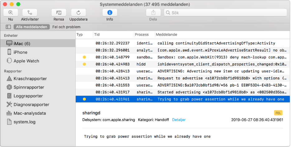 Systemmeddelande-fönstret med ett markerat loggmeddelande och detaljer i nedre panelen.