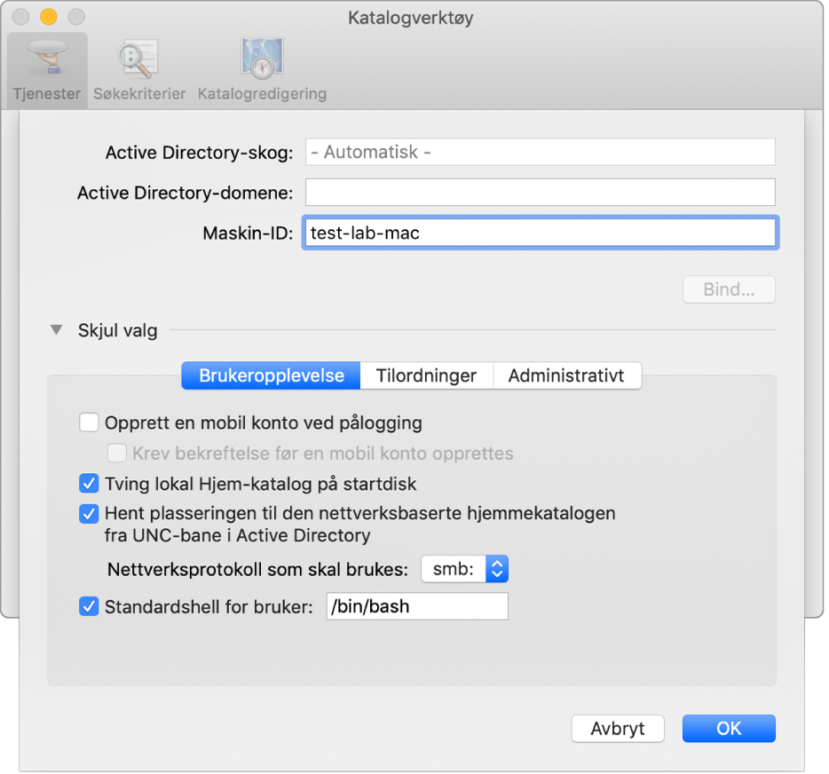 Dialogruten for konfigurering av Active Directory med valgdelen utvidet.