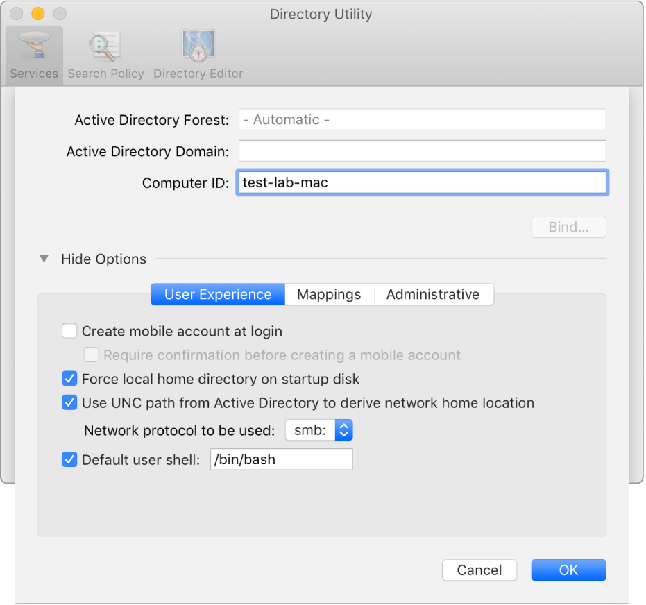 Konfigurationsdialogrutan för Active Directory med utvidgat alternativavsnitt.