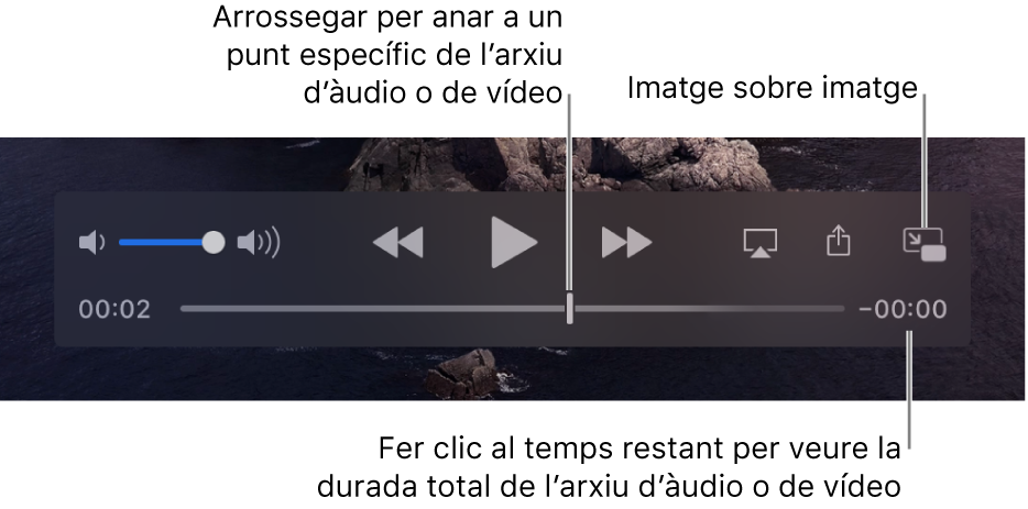 Els controls de reproducció del QuickTime Player. Al llarg de la part superior hi ha el control de volum i els botons Rebobinar, Reproduir/Pausa i “Avanç ràpid”. A la part inferior hi ha el cursor de reproducció, que pots arrossegar per anar a un punt concret en l‘arxiu. El temps restant de l‘arxiu es mostra a la part inferior dreta.