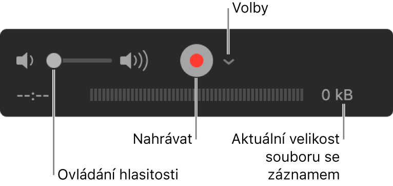 Ovládací prvky záznamu, včetně ovládání hlasitosti, tlačítka Záznam a místní nabídky Volby