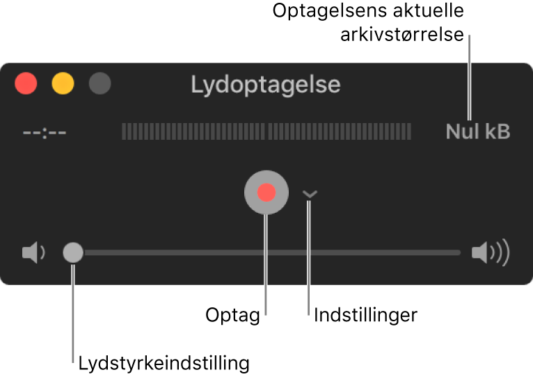 Vinduet Lydoptagelse, med knappen Optag og lokalmenuen Indstillinger i midten og lydstyrkeindstillingen nederst.