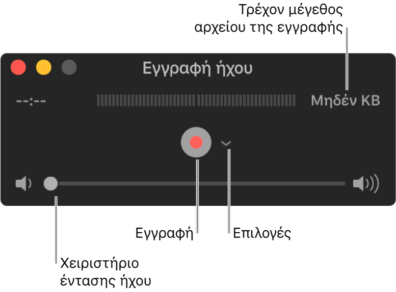 Το παράθυρο Εγγραφής ήχου, με το κουμπί Εγγραφής και το αναδυόμενο μενού Επιλογών στο κέντρο του παραθύρου, και το χειριστήριο έντασης ήχου στο κάτω μέρος.