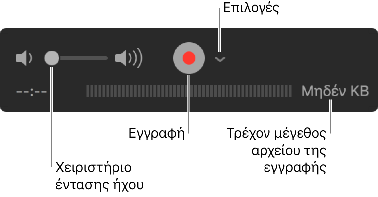 Τα χειριστήρια εγγραφής, συμπεριλαμβανομένου του χειριστηρίου έντασης ήχου, του κουμπιού Εγγραφής και του αναδυόμενου μενού Επιλογών.