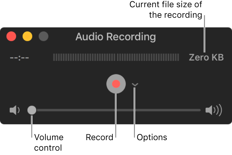 The Audio Recording window with the Record button and the Options pop-up menu in the centre of the window, and the volume control at the bottom.