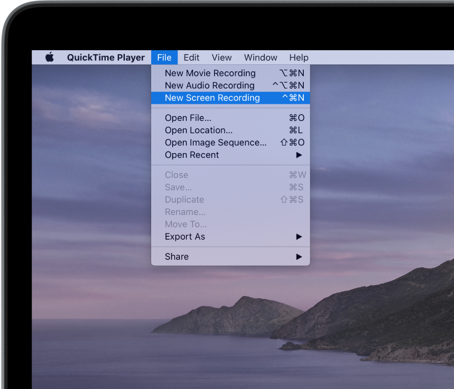 In the QuickTime Player app, the File menu is open, and the New Screen Recording command is being chosen to start recording the screen.