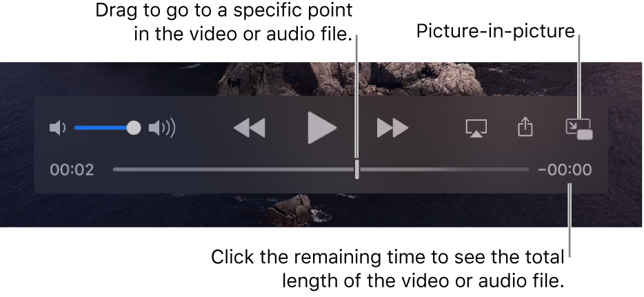 The QuickTime Player playback controls. Along the top are the volume control, the Rewind button, Play/Pause button, and Fast-Forward button. At the bottom is the playhead, which you can drag to go to a specific point in the file. The time remaining in the file appears at the bottom right.