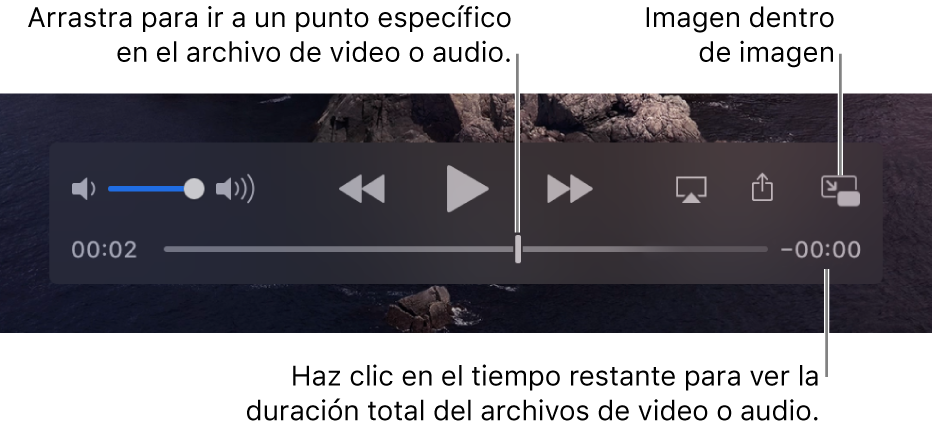 Los controles de reproducción de QuickTime Player. En la parte superior se encuentran el control de volumen, el botón Retroceder, el botón "Reproducir/Pausar" y el botón Avanzar. En la parte inferior se sitúa el cursor de reproducción que puede arrastrar para ir a un punto específico del archivo. El tiempo restante en el archivo aparece en la parte inferior.