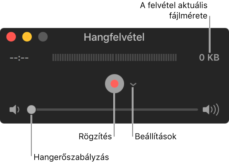 A Hangfelvétel ablak; középen a Felvétel gomb és a Beállítások felugró menü, alul pedig a hangerőszabályzó.