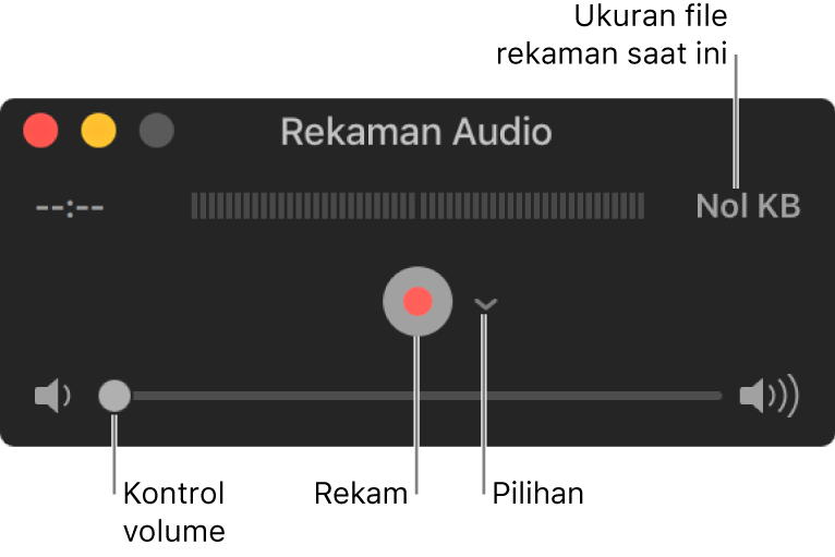 Jendela Rekaman Audio dengan tombol Rekam dan menu pop-up Pilihan di pusat jendela, serta kontrol volume di bagian bawah.