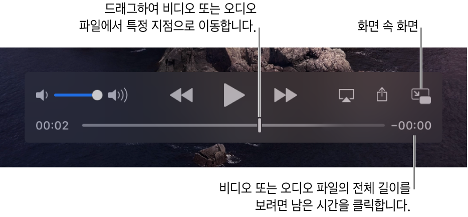 QuickTime Player 재생 제어기. 상단을 따라 표시된 음량 제어, 되감기 버튼, 재생/일시 정지 버튼 및 빨리감기 버튼. 하단에는 드래그하여 파일의 특정 위치로 이동할 수 있는 재생헤드가 표시되어 있음. 파일의 남은 시간이 오른쪽 하단에 나타납니다.
