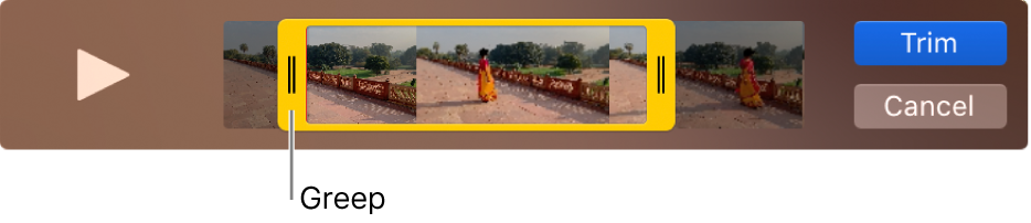 Een fragment in het venster van QuickTime Player, met een deel van het fragment tussen de gele grepen en de rest van het fragment buiten de gele grepen. Rechts staan de knoppen 'Kort in' en 'Annuleer'.