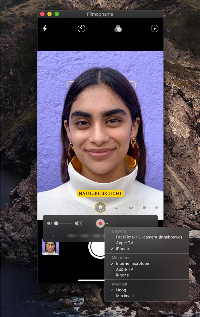 Het venster van QuickTime Player terwijl met een iPhone een opname wordt gemaakt.