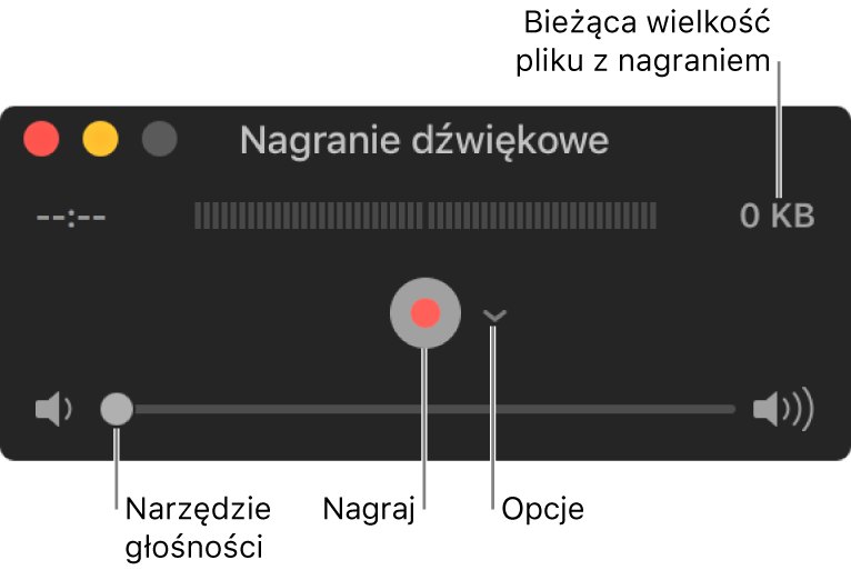 Okno nagrywania audio z przyciskiem nagrywania oraz menu podręcznym w środku okna, a także z narzędziem głośności na dole.