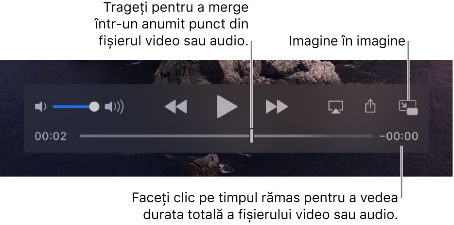 Comenzile QuickTime Player. În partea de sus se află comanda de volum, butonul Derulează înapoi, butonul Redă/Suspendă și butonul Repede înainte. În partea de jos se află capul de redare, pe care îl puteți trage pentru a accesa un anumit punct din cadrul fișierului. Timpul rămas din cadrul fișierului apare în partea de jos.
