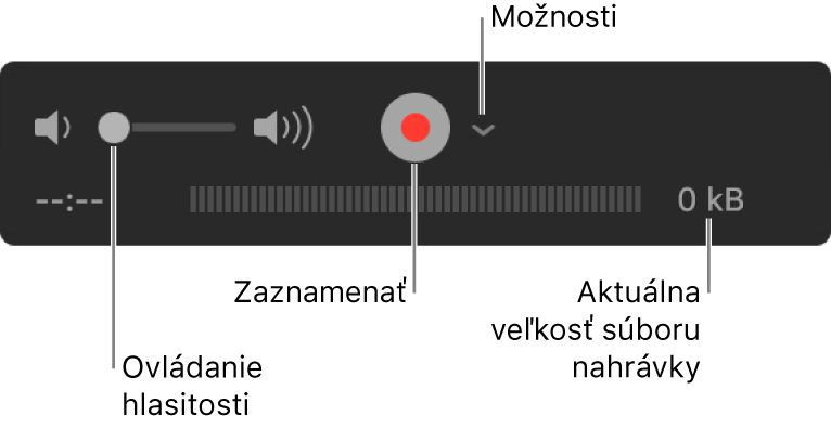 Ovládacie prvky nahrávania vrátane ovládania hlasitosti, tlačidla Nahrávať a vyskakovacieho menu Možnosti.