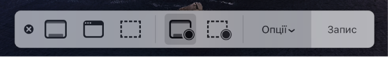 Інструменти «Знімок екрана» із кнопкою «Записати» справа та спливним меню «Параметри» поруч із нею.