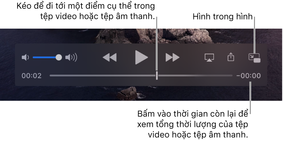 Các điều khiển phát lại của QuickTime Player. Dọc phía trên cùng là điều khiển âm lượng, Nút Tua lại, nút Phát/Tạm dừng và nút Tua đi nhanh. Ở dưới cùng là đầu phát mà bạn có thể kéo để đi tới điểm cụ thể trong tệp. Thời gian còn lại trong tệp sẽ xuất hiện ở dưới cùng bên phải.