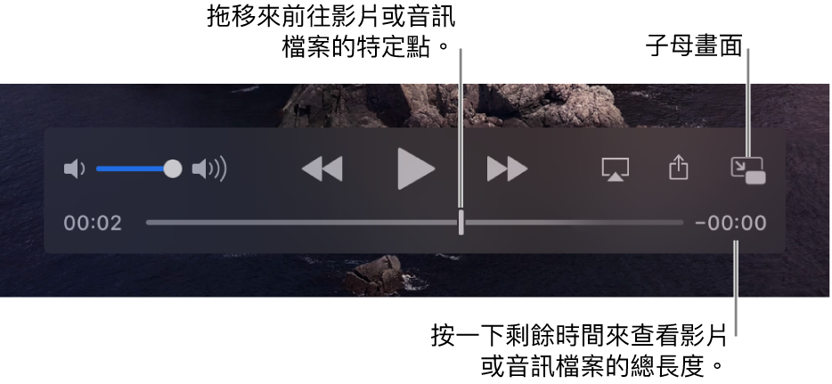 QuickTime Player 播放控制項目。沿著最上方分別為音量控制項目、「倒轉」按鈕、「播放/暫停」按鈕和「快轉」按鈕。底部則為播放磁頭，可供您拖移來移至在檔案中的特定點。檔案剩餘時間會顯示在右側下方。