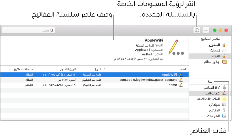 نافذة الوصول إلى سلسلة المفاتيح. في أعلى اليسار قائمة بسلاسل المفاتيح الخاصة بك؛ وأسفلها قائمة بفئات العناصر الموجودة في سلسلة المفاتيح المحددة (مثل كلمات السر والملاحظات الآمنة). أسفل اليمين قائمة بالعناصر الموجودة في الفئة المحددة، وأعلى قائمة العناصر يوجد وصف للعنصر المحدد.