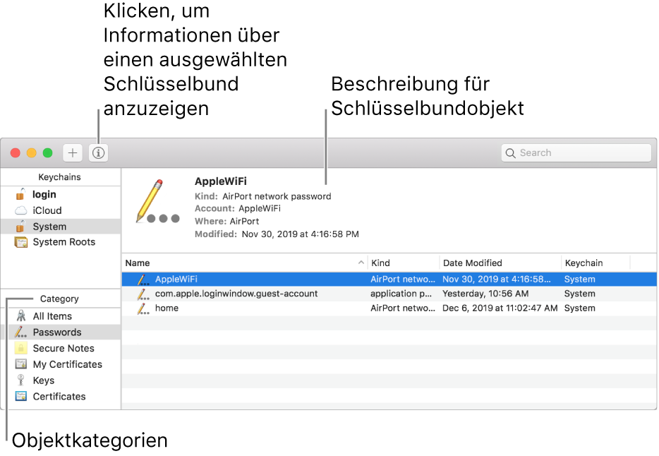 Fenster „Schlüsselbundverwaltung“ Oben links befindet sich eine Liste deiner Schlüsselbunde; darunter ist eine Liste der Kategorien der Objekte, die sich im ausgewählten Schlüsselbund befinden (etwa Passwörter oder Sichere Notizen). Unten rechts werden die Objekte in der ausgewählten Kategorie aufgelistet und über der Objektliste wird eine Beschreibung des ausgewählten Objekts angezeigt.