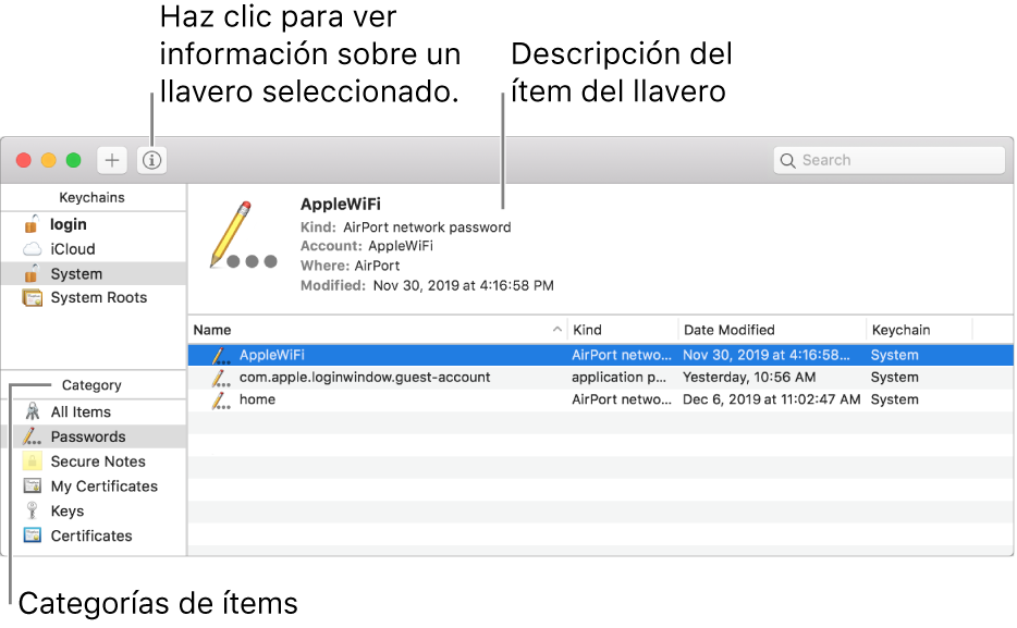 Ventana de Acceso a Llaveros. Arriba a la izquierda hay una lista de llaveros; debajo se muestra una lista de categorías de ítems del llavero seleccionado (como Contraseñas y “Notas seguras”). Abajo a la derecha se muestra una lista de ítems de la categoría seleccionada, y encima de la lista de ítems hay una descripción del ítem seleccionado.