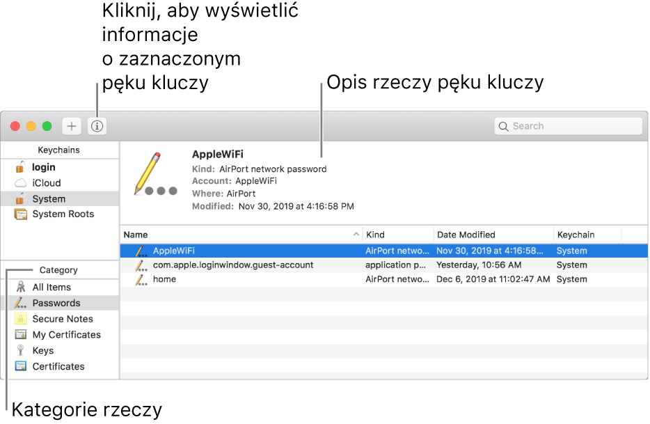 Okno Dostępu do pęku kluczy. W górnym lewym rogu widoczna jest lista pęków kluczy. Poniżej widoczna jest lista kategorii rzeczy w zaznaczonym pęku kluczy (takie jak Hasła oraz Bezpieczne notatki). W prawym dolnym rogu widoczna jest lista rzeczy z zaznaczonej kategorii, a nad listą rzeczy znajduje się opis zaznaczonej rzeczy.