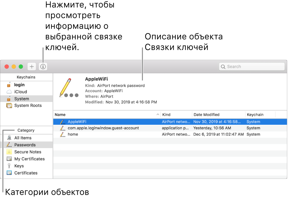 Окно Связки ключей. Слева вверху находится список связок ключей. Ниже расположен список категорий объектов в выбранной связке (например, «Пароли» и «Секретные заметки»). Внизу справа отображается список объектов в выбранной категории, над списком объектов показано описание выбранного объекта.