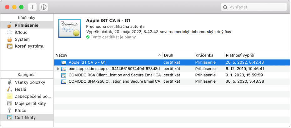 Okno aplikácie Kľúčenka zobrazujúce certifikáty.