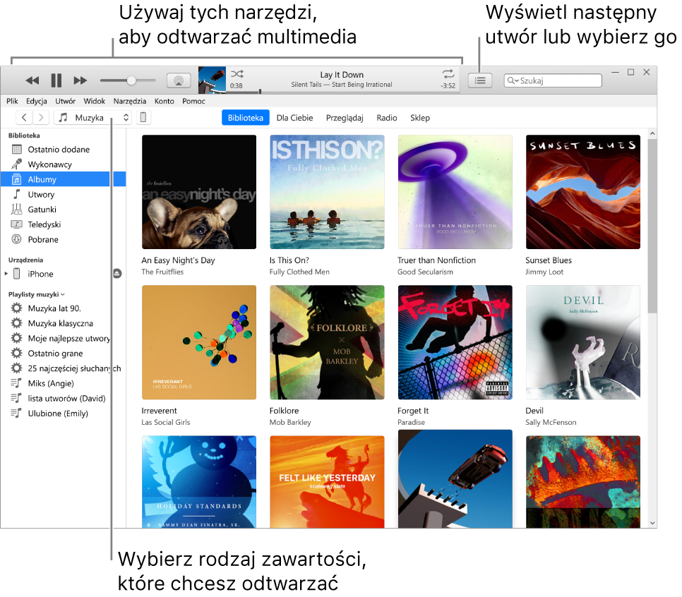 Okno główne biblioteki iTunes: W nawigatorze wybierz typ multimediów, które chcesz odtwarzać (na przykład Muzyka). Używaj tych narzędzi na górnym banerze do odtwarzania swoich multimediów i używaj menu Następny po prawej stronie do wyświetlania biblioteki na różne sposoby.