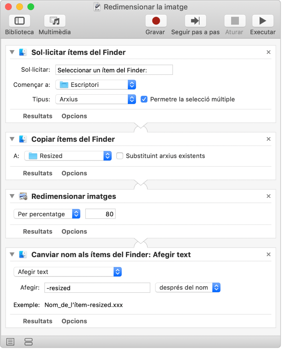 Flux de treball de l’Automator amb quatre accions.