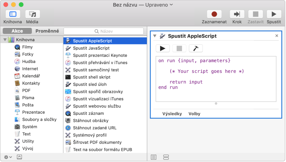 Okno Automatoru s akcí Spustit AppleScript